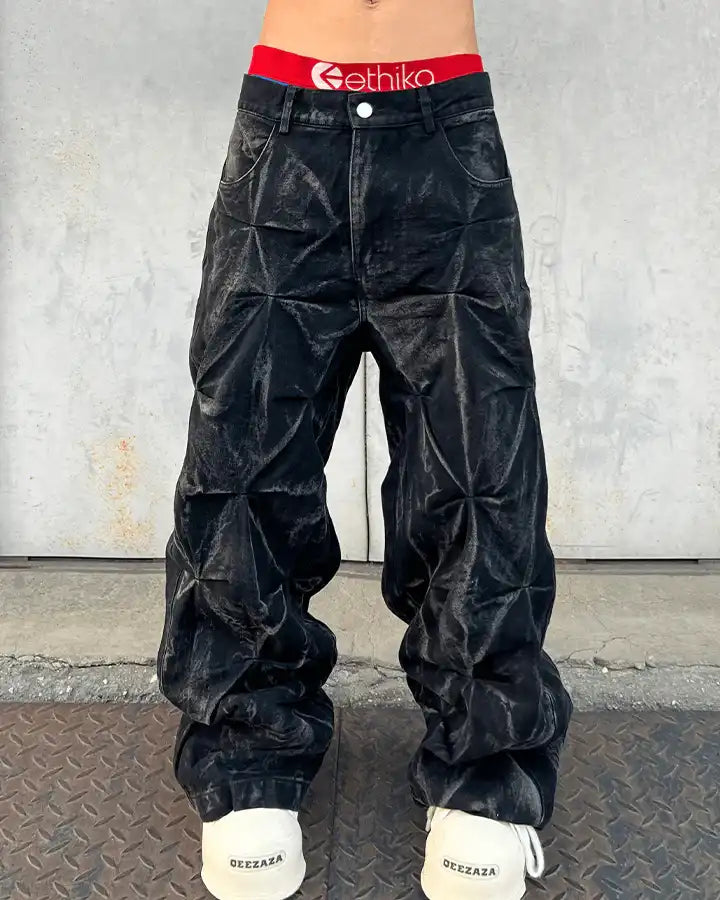 Crinkled Denim Cargo Pants