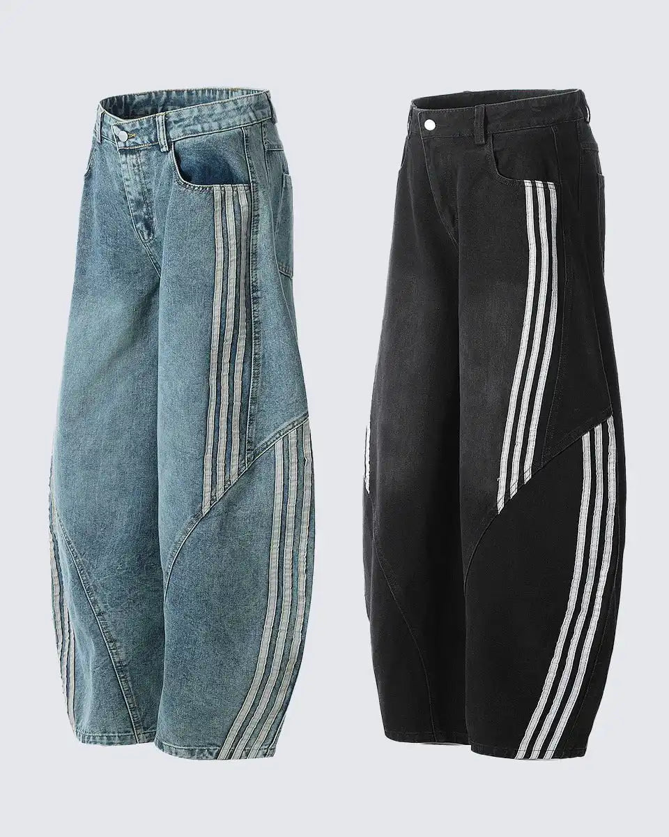 Contrast Striped Wide-Leg Denim Pants