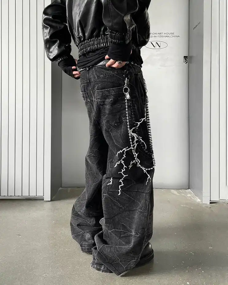 Washed Heavy Embroidery Denim Pants