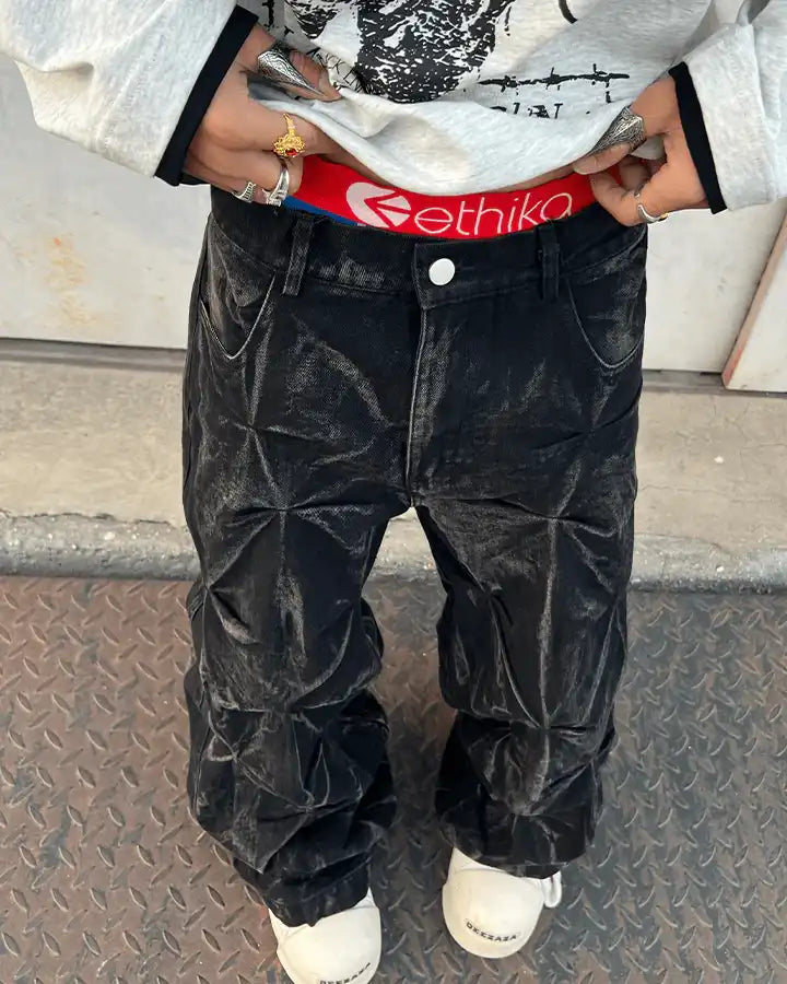 Crinkled Denim Cargo Pants