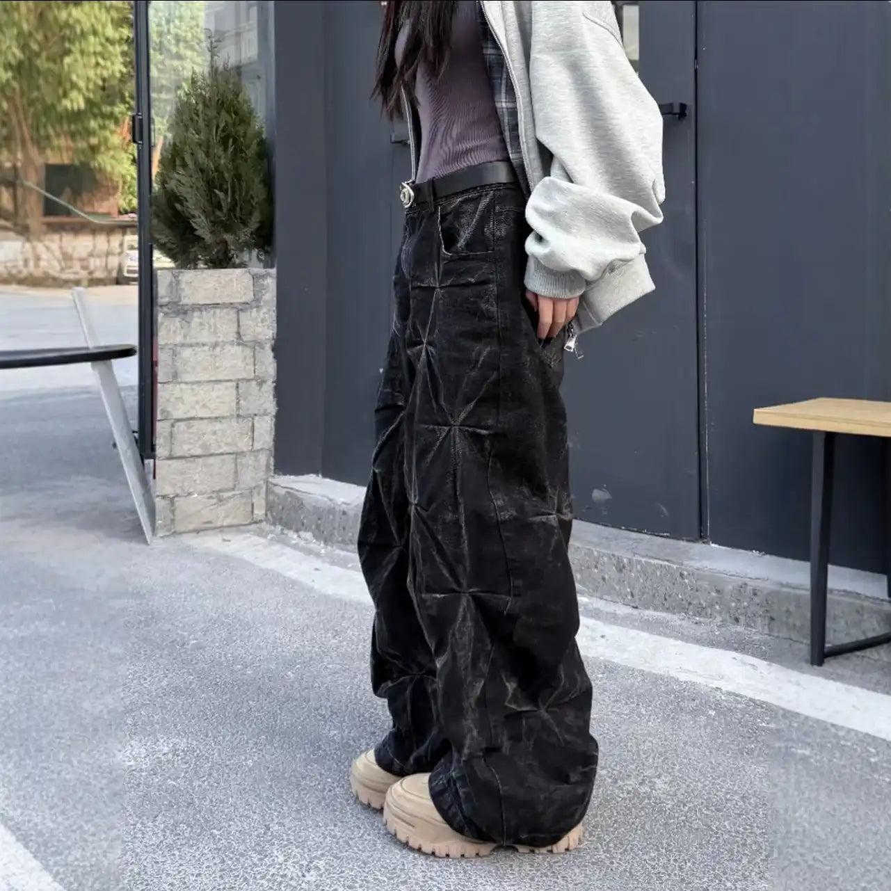 Crinkled Denim Cargo Pants