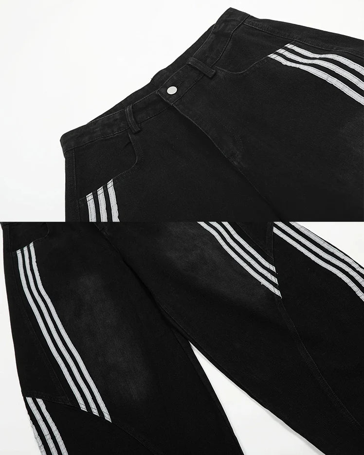 Contrast Striped Wide-Leg Denim Pants