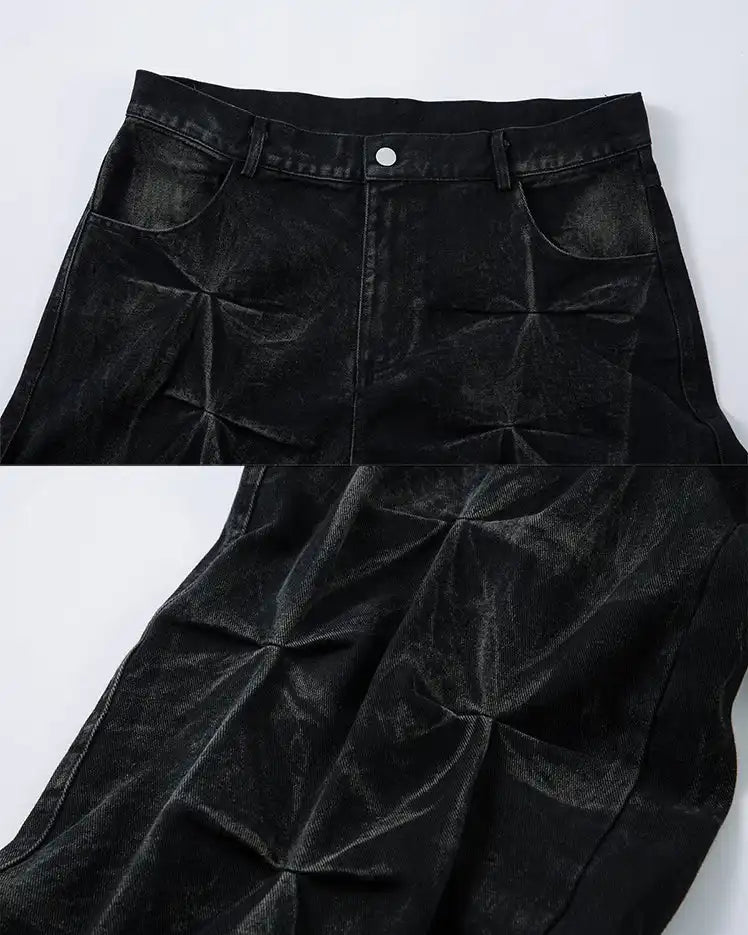 Crinkled Denim Cargo Pants