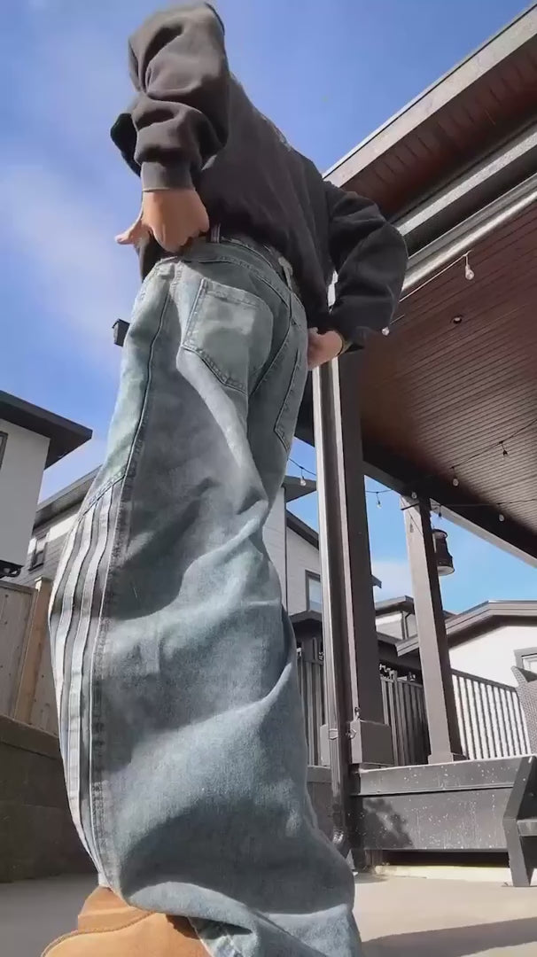 Contrast Striped Wide-Leg Denim Pants